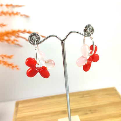 Pink Red Flower Hoop Earrings