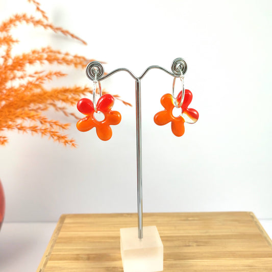 Orange and Red Flower Hoop Earrings