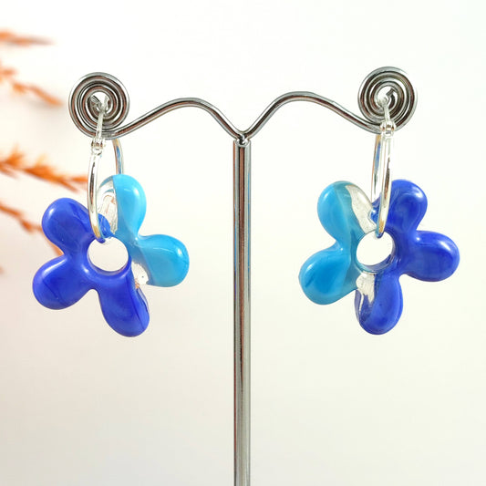 Blue Flower Hoop Earrings