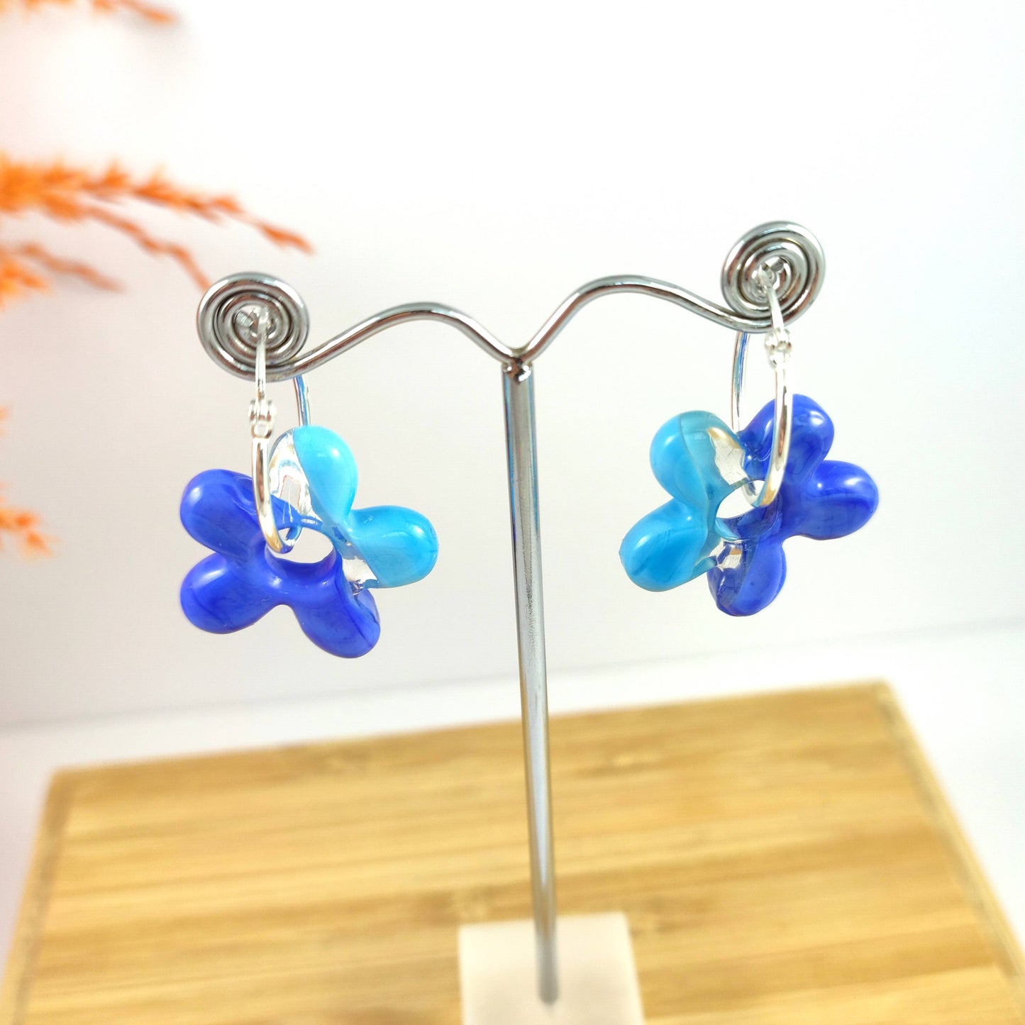 Blue Flower Hoop Earrings