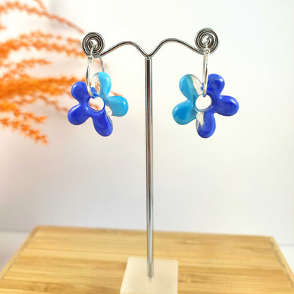 Blue Flower Hoop Earrings