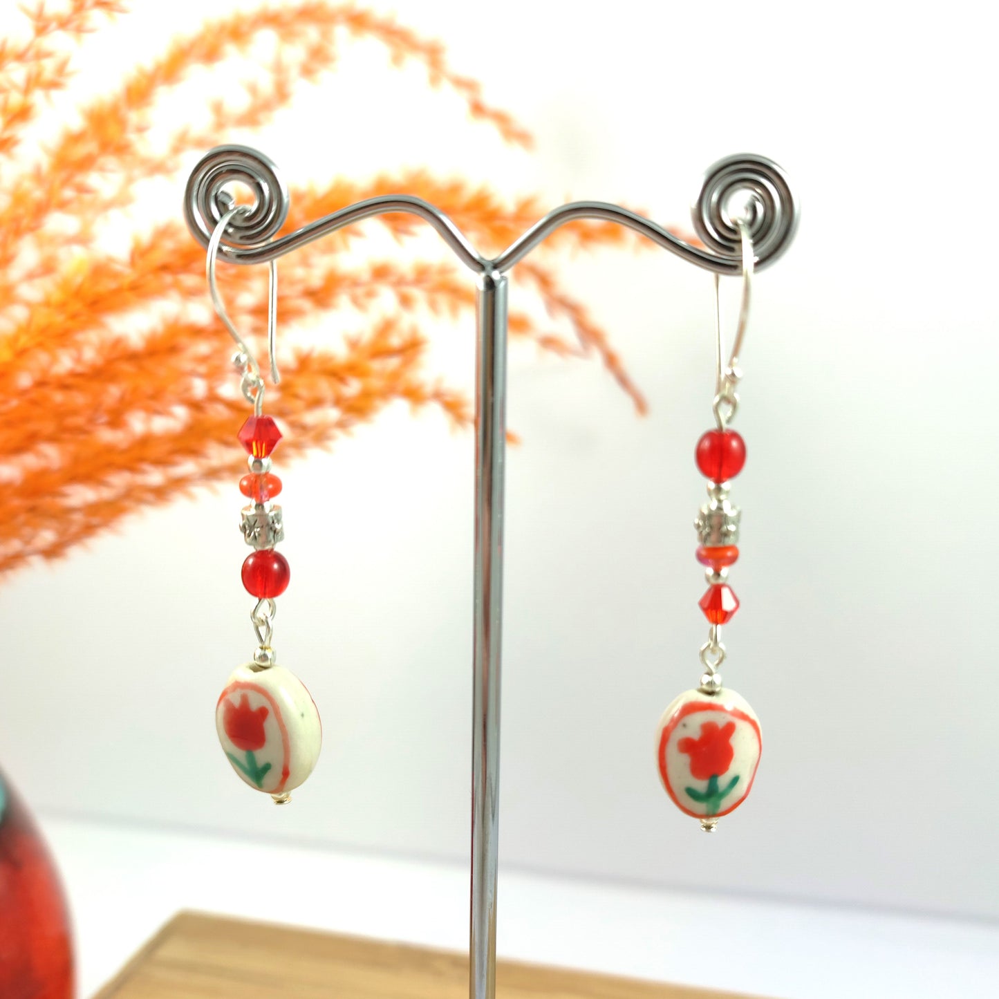 Red Ceramic Flower Earrings